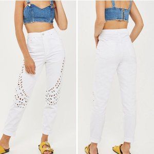 Topshop MOTO White Floral Cutwork Mom Jeans